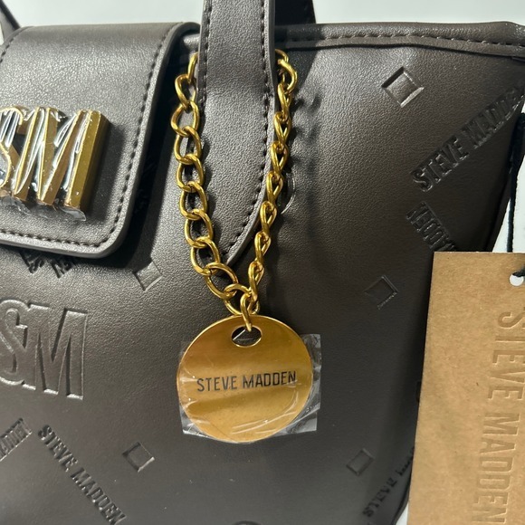 Steve Madden Satchel Bucket Bag Purse Brown Embossed Logo Chain Accent‎ - Picture 4 of 16